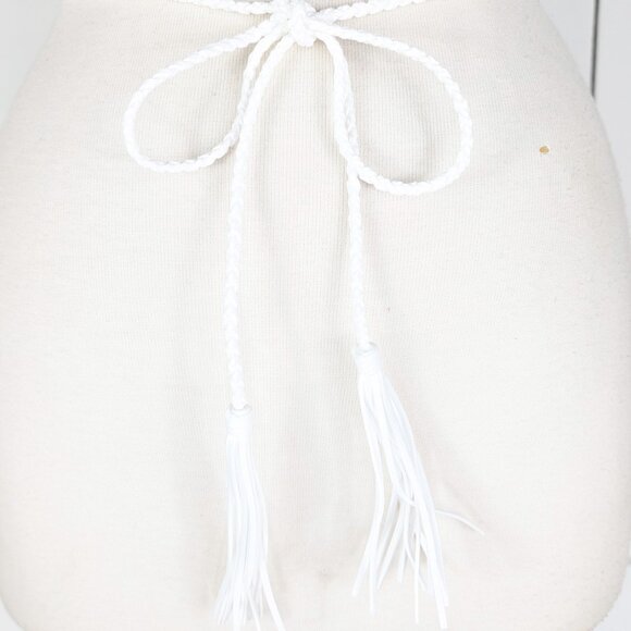White braided faux suede rope chord fringe tassel tie belt - Picture 4 of 4